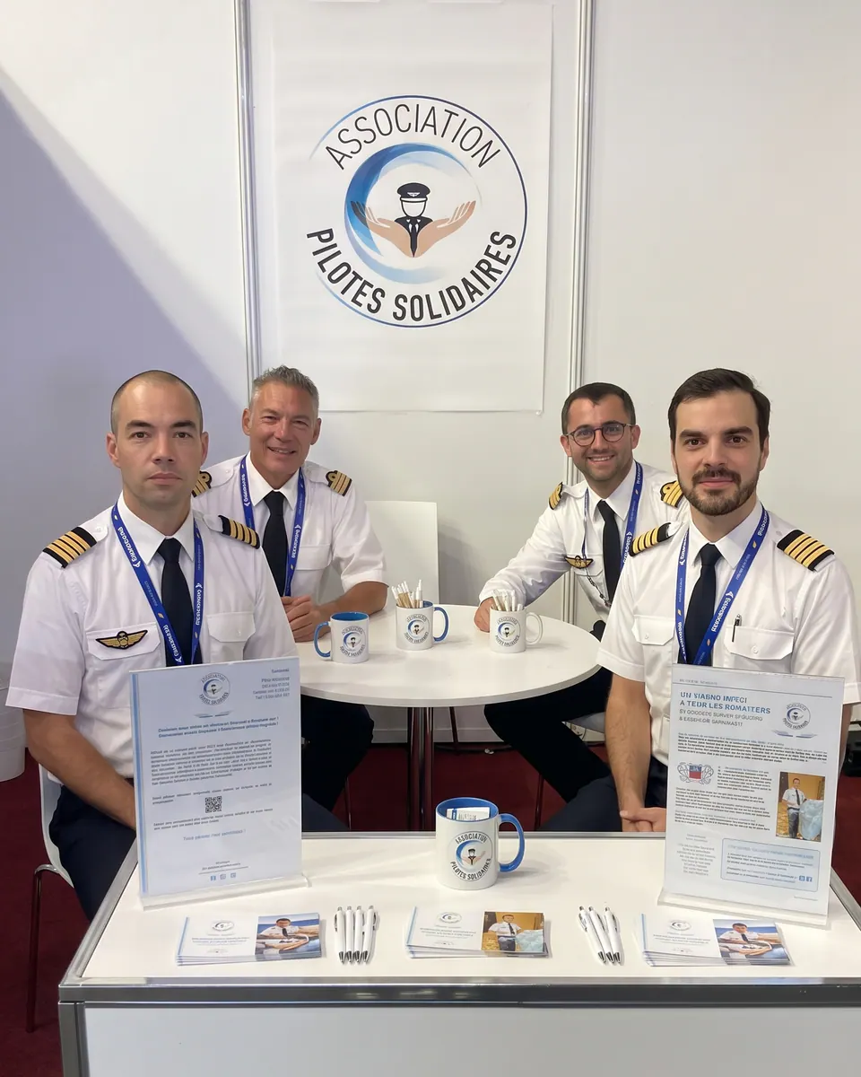 Illustration de quatre pilotes réunis au stand de l’Association Pilotes Solidaires au Salon du Bourget.